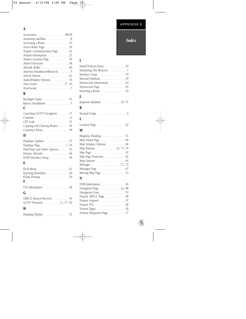 Index | Garmin GPS 92 User Manual | Page 81 / 84