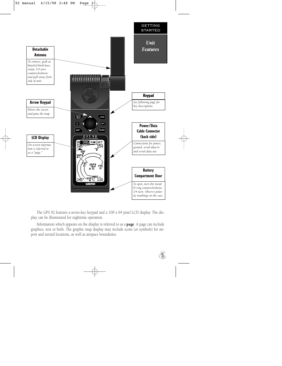 Unit features | Garmin GPS 92 User Manual | Page 9 / 84