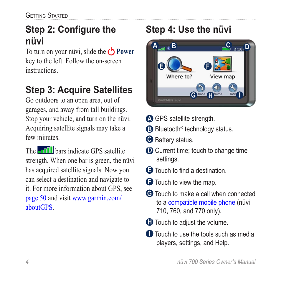 Step 2: configure the nüvi, Step 3: acquire satellites, Step 4: use the nüvi | Garmin nuvi 780 User Manual | Page 10 / 66