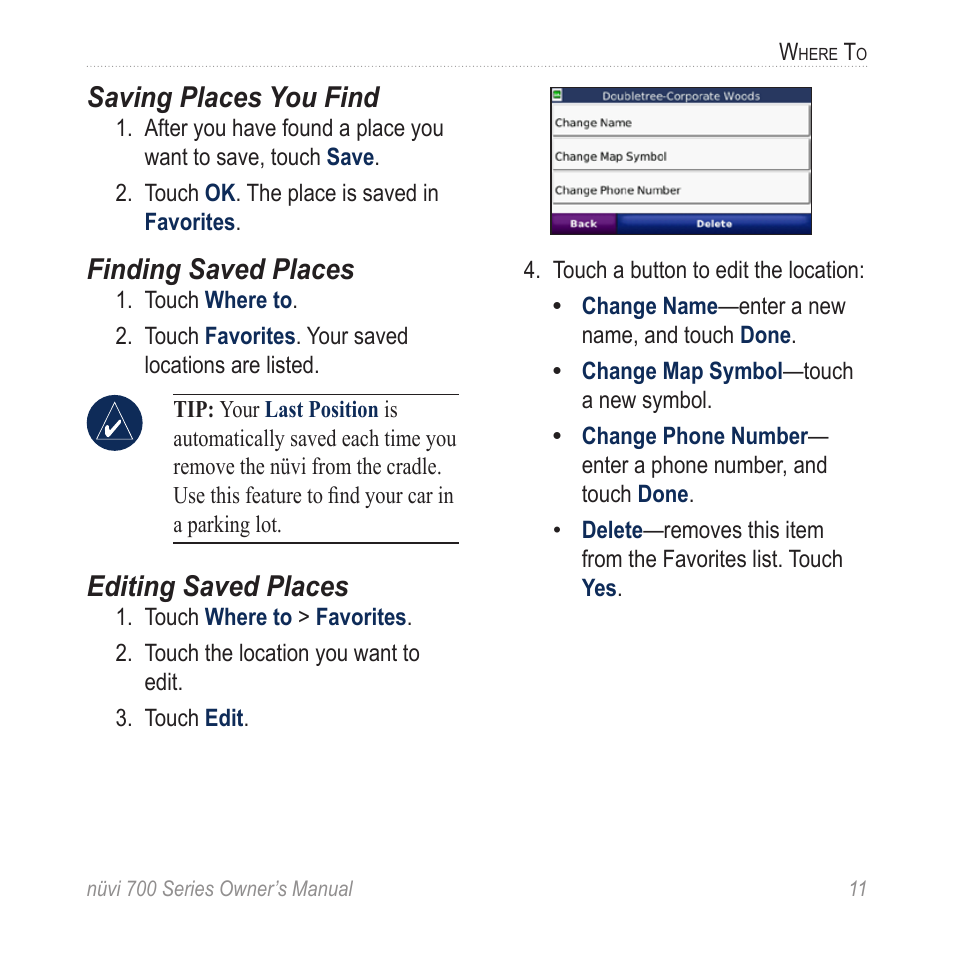 Saving places you find, Finding saved places, Editing saved places | Garmin nuvi 780 User Manual | Page 17 / 66