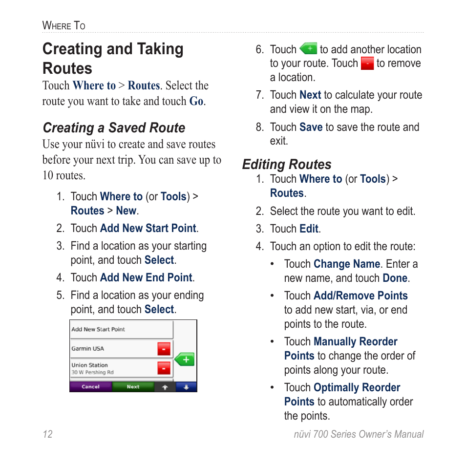 Creating and taking routes, Creating a saved route, Editing routes | Garmin nuvi 780 User Manual | Page 18 / 66