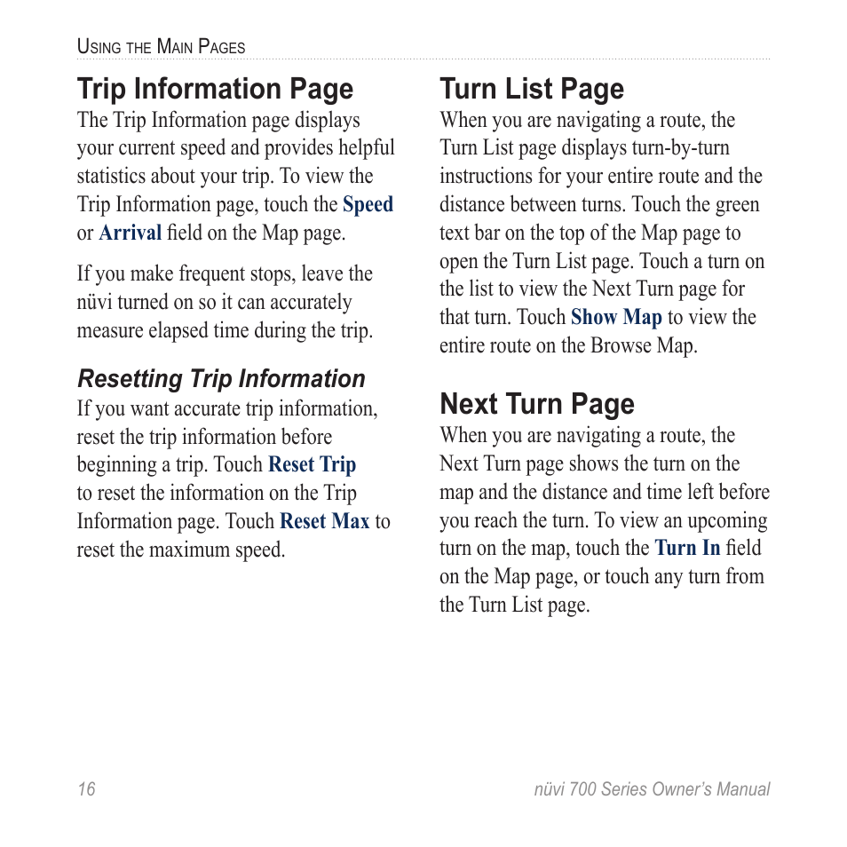 Trip information page, Turn list page, Next turn page | Garmin nuvi 780 User Manual | Page 22 / 66