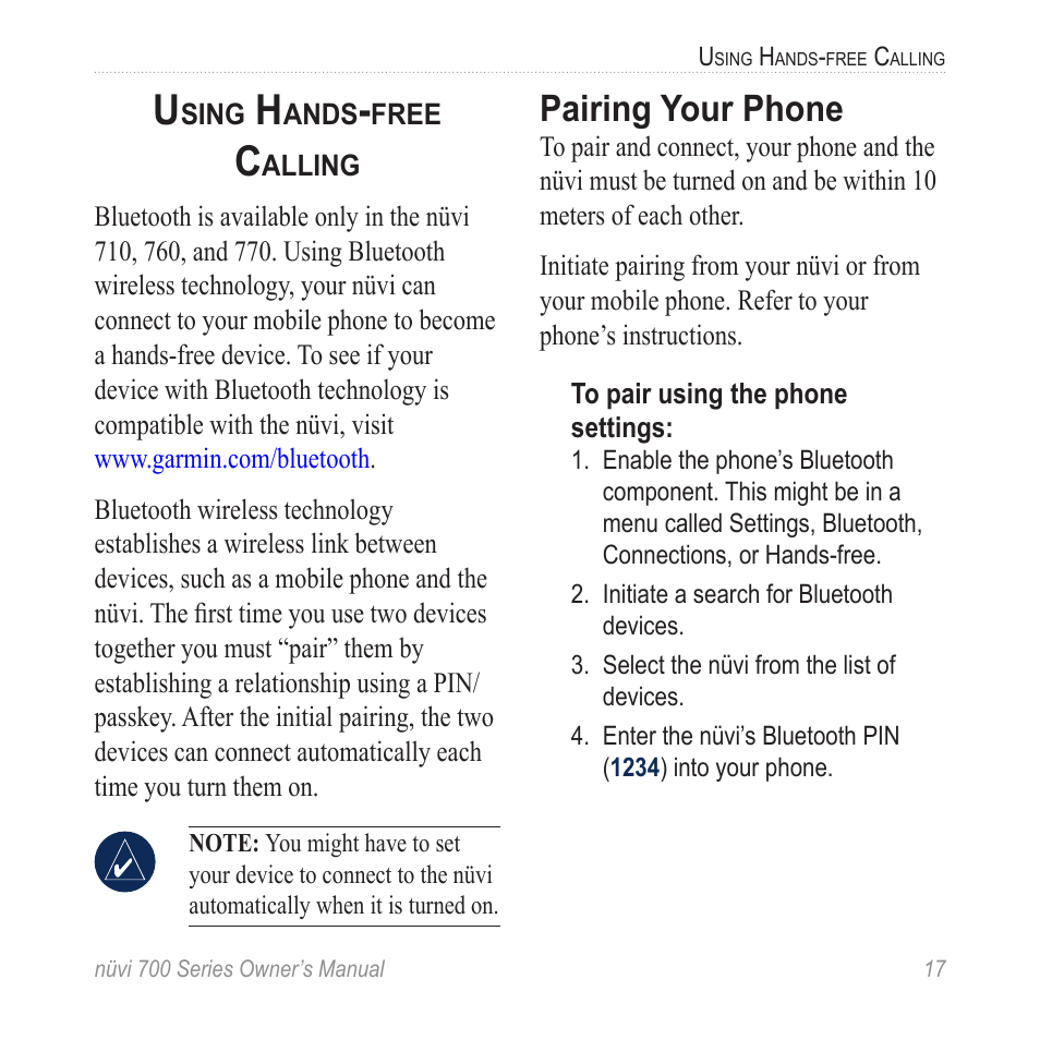 Using hands-free calling, Pairing your phone | Garmin nuvi 780 User Manual | Page 23 / 66
