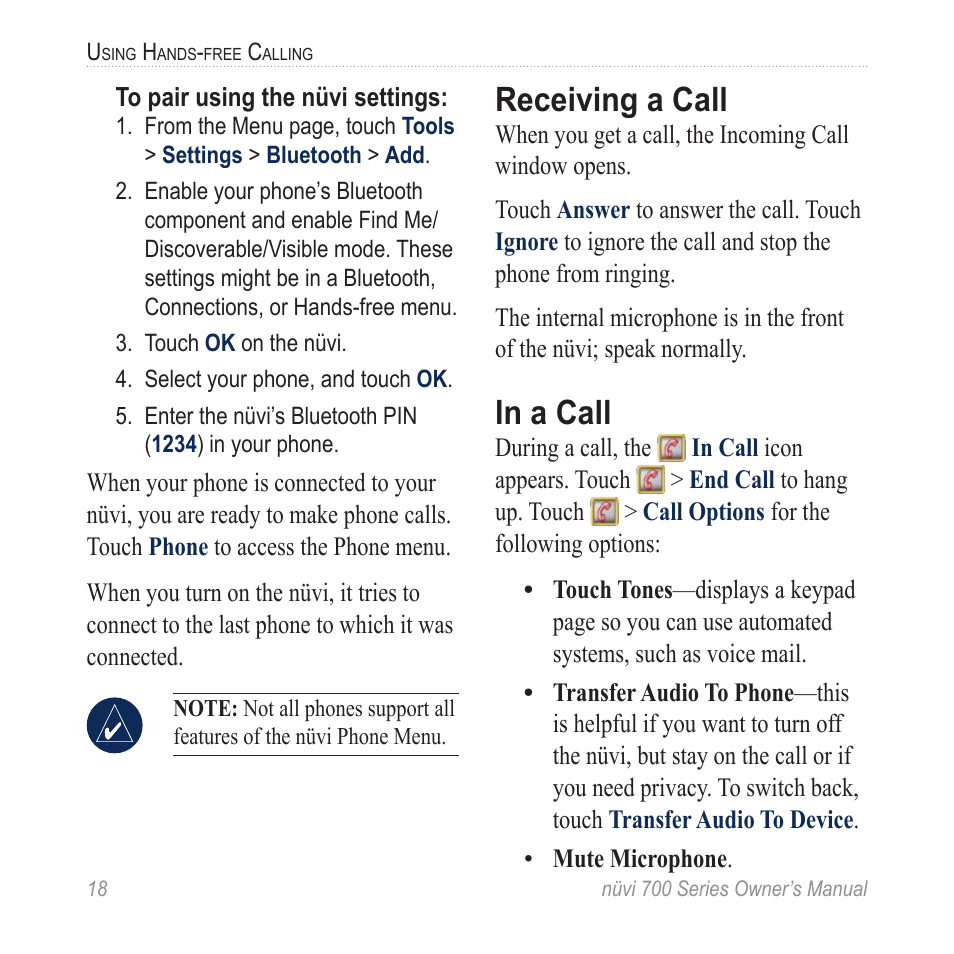 Receiving a call, In a call | Garmin nuvi 780 User Manual | Page 24 / 66