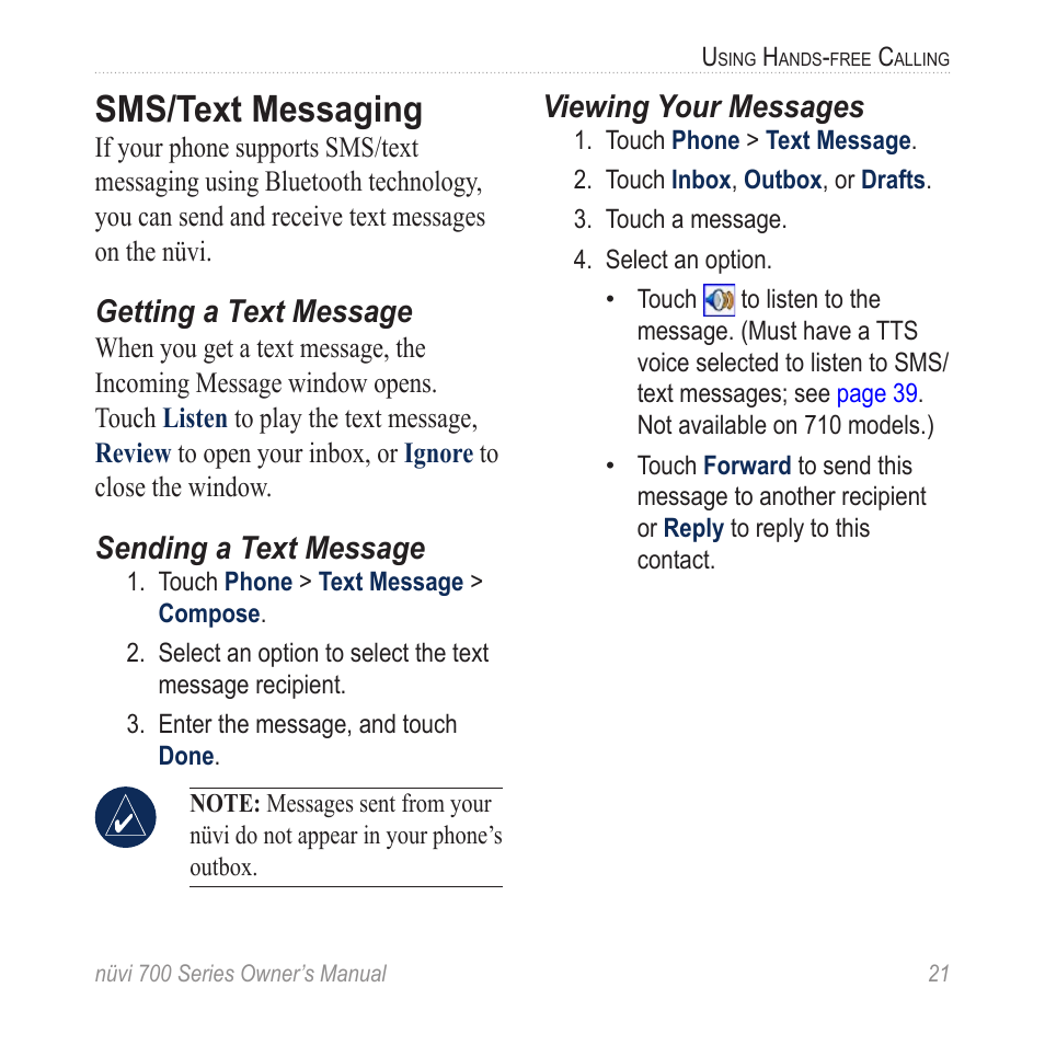 Sms/text messaging, Getting a text message, Sending a text message | Viewing your messages | Garmin nuvi 780 User Manual | Page 27 / 66
