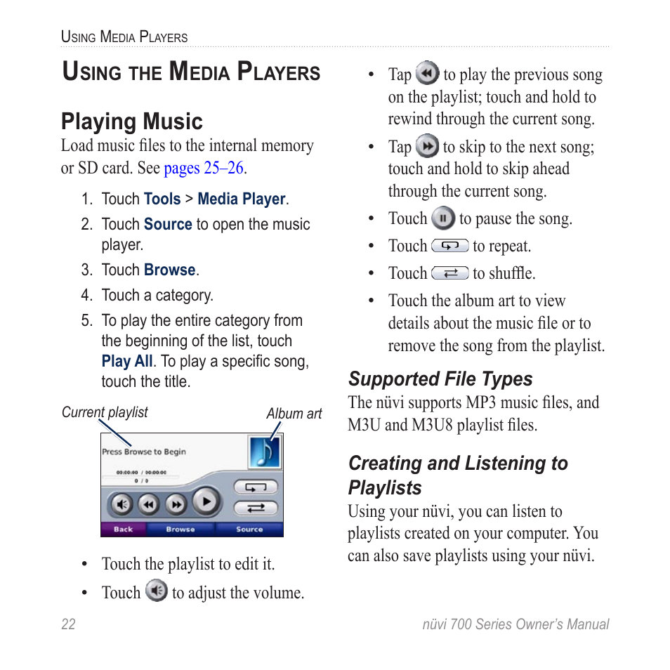 Using the media players, Playing music | Garmin nuvi 780 User Manual | Page 28 / 66