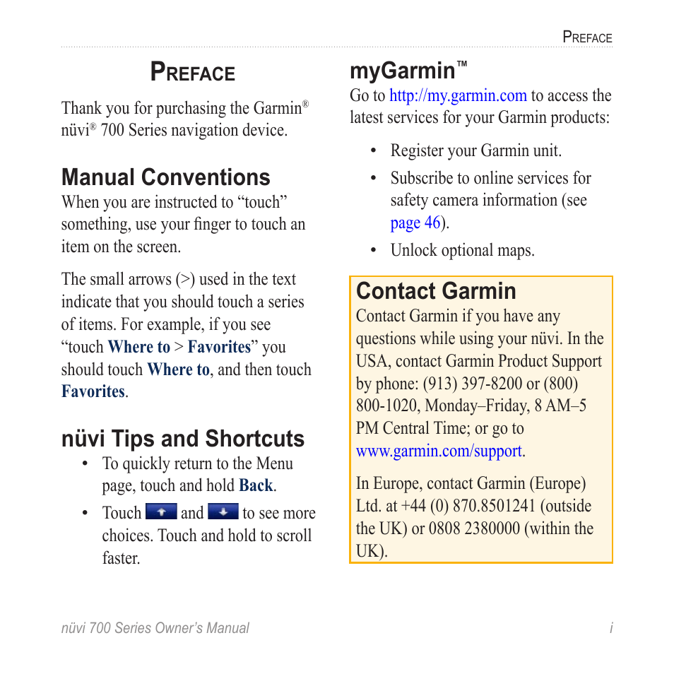 Preface, Manual conventions, Nüvi tips and shortcuts | Mygarmin, Contact garmin | Garmin nuvi 780 User Manual | Page 3 / 66