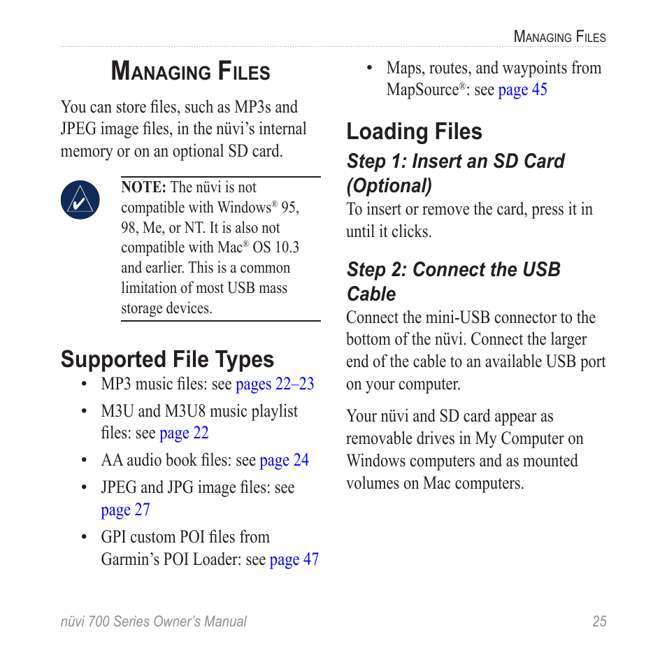 Managing files, Supported file types, Loading files | Garmin nuvi 780 User Manual | Page 31 / 66