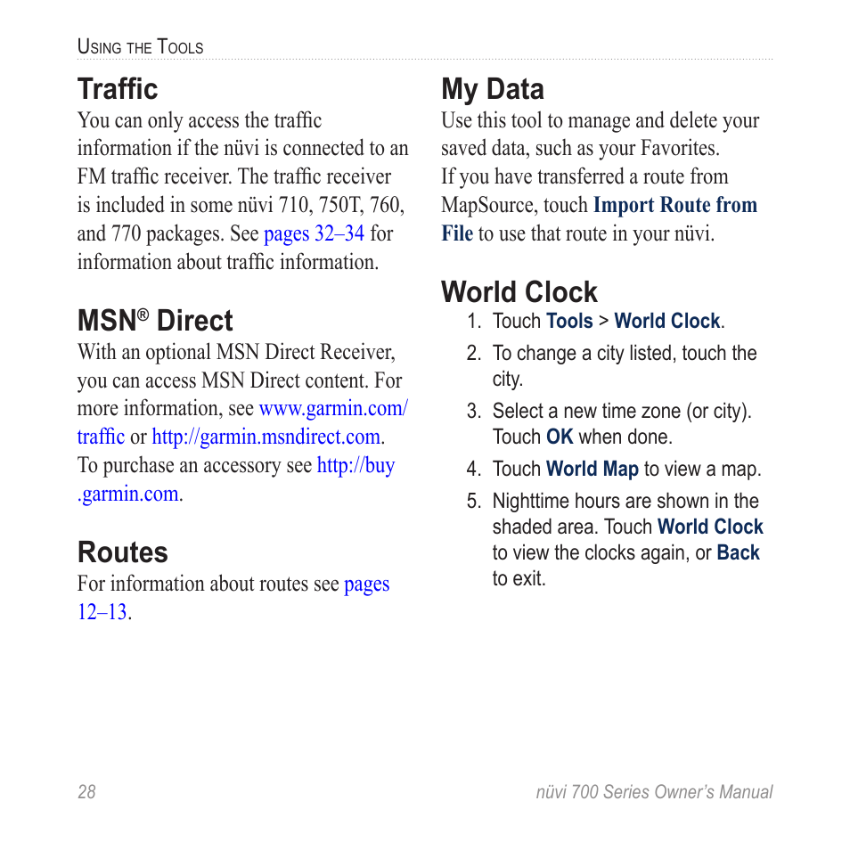 Traffic, Msn® direct, Routes | My data, World clock, Direct | Garmin nuvi 780 User Manual | Page 34 / 66