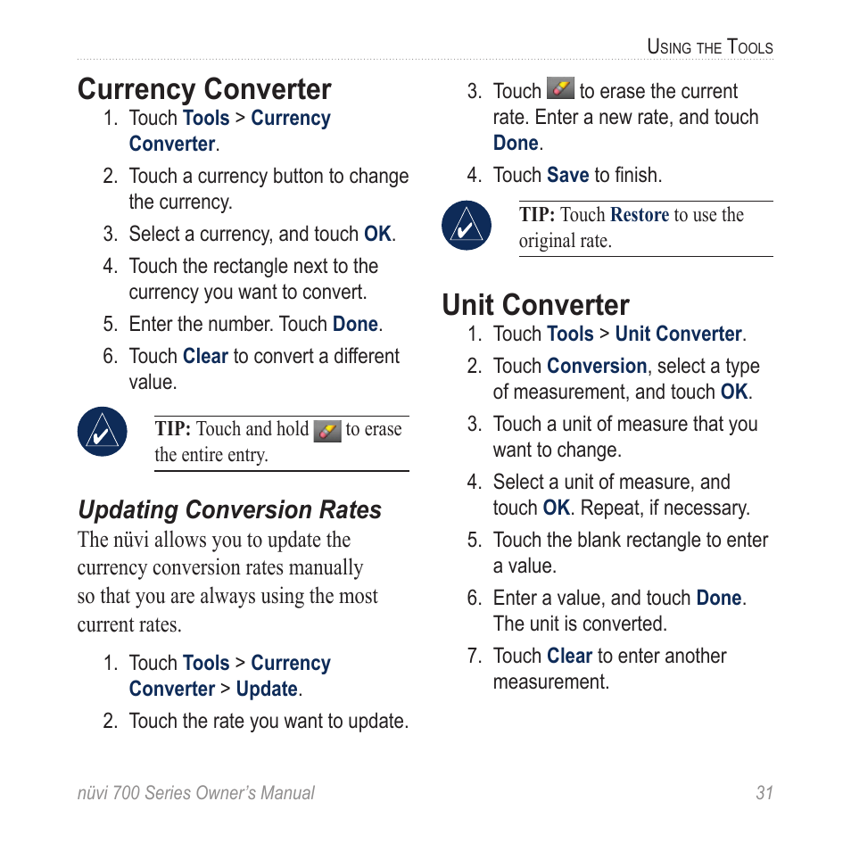 Currency converter, Unit converter, Updating conversion rates | Garmin nuvi 780 User Manual | Page 37 / 66