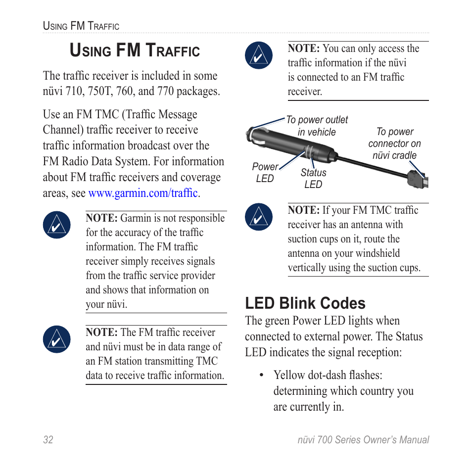 Using fm traffic, Led blink codes, Fm t | Garmin nuvi 780 User Manual | Page 38 / 66