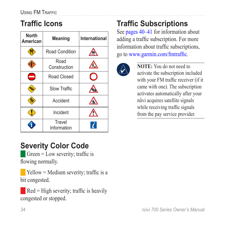 Traffic icons, Severity color code, Traffic subscriptions | Garmin nuvi 780 User Manual | Page 40 / 66