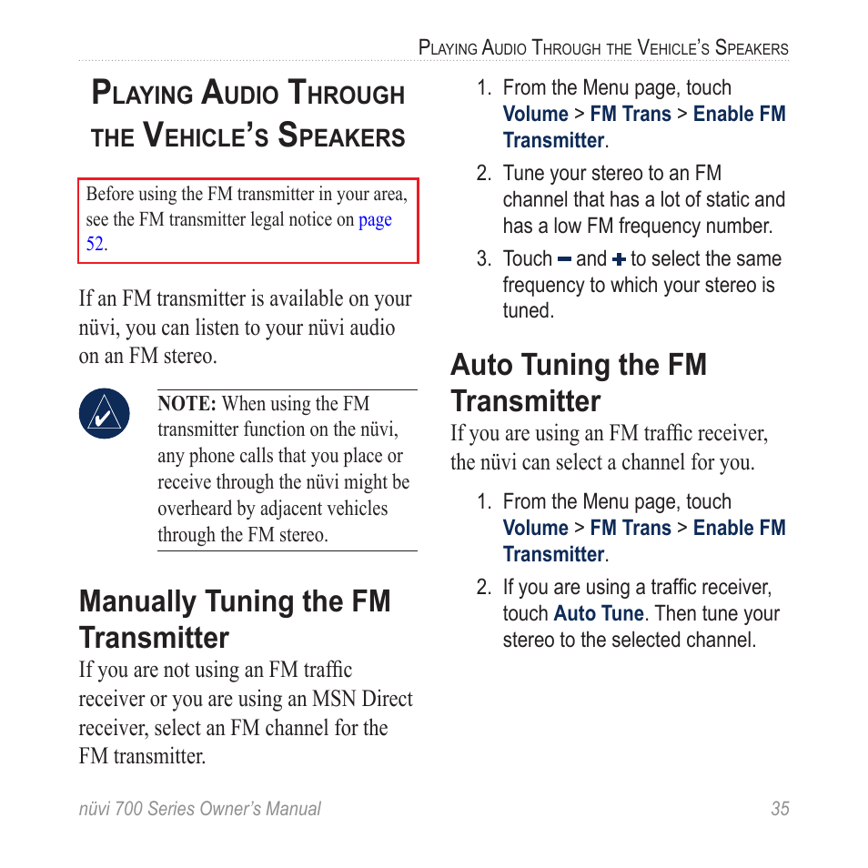 Playing audio through the vehicle’s speakers, Manually tuning the fm transmitter, Auto tuning the fm transmitter | Playing audio through the, Vehicle’s speakers, Manually tuning the fm, Transmitter | Garmin nuvi 780 User Manual | Page 41 / 66