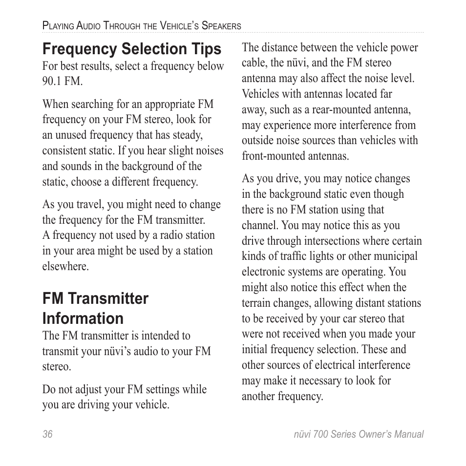 Frequency selection tips, Fm transmitter information | Garmin nuvi 780 User Manual | Page 42 / 66