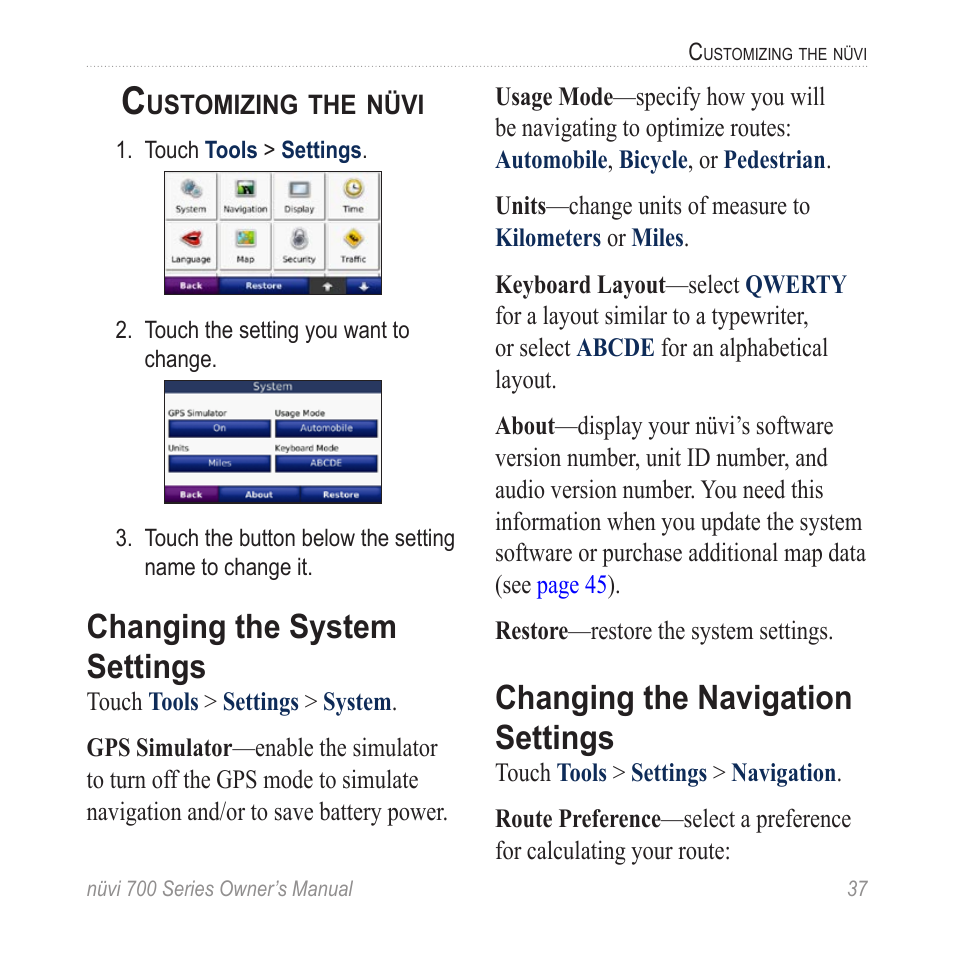 Customizing the nüvi, Changing the system settings, Changing the navigation settings | Garmin nuvi 780 User Manual | Page 43 / 66