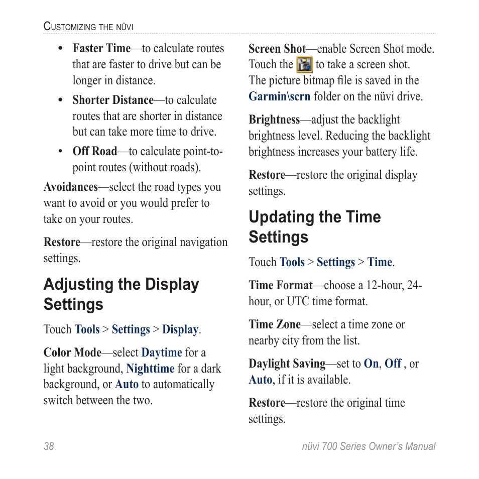 Adjusting the display settings, Updating the time settings | Garmin nuvi 780 User Manual | Page 44 / 66