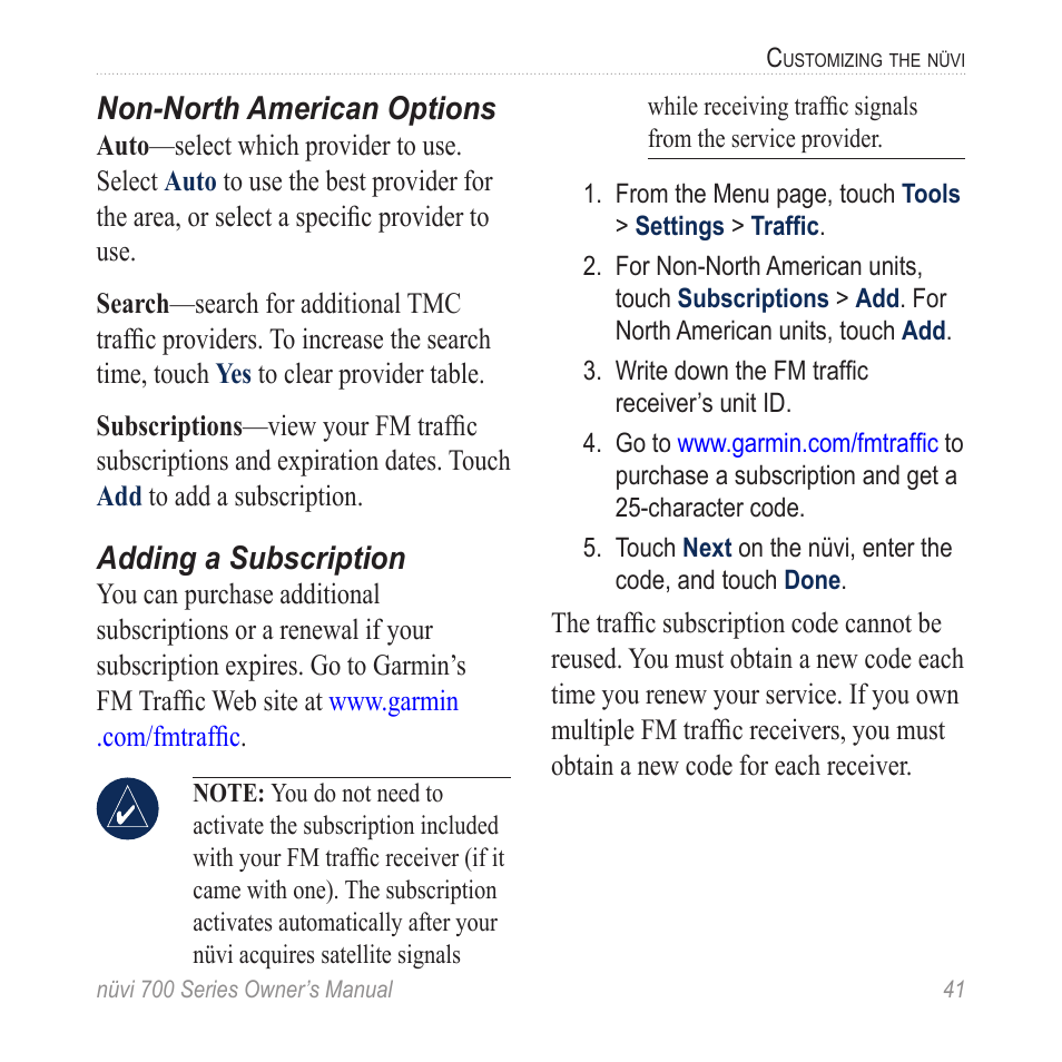 Non-north american options, Adding a subscription | Garmin nuvi 780 User Manual | Page 47 / 66