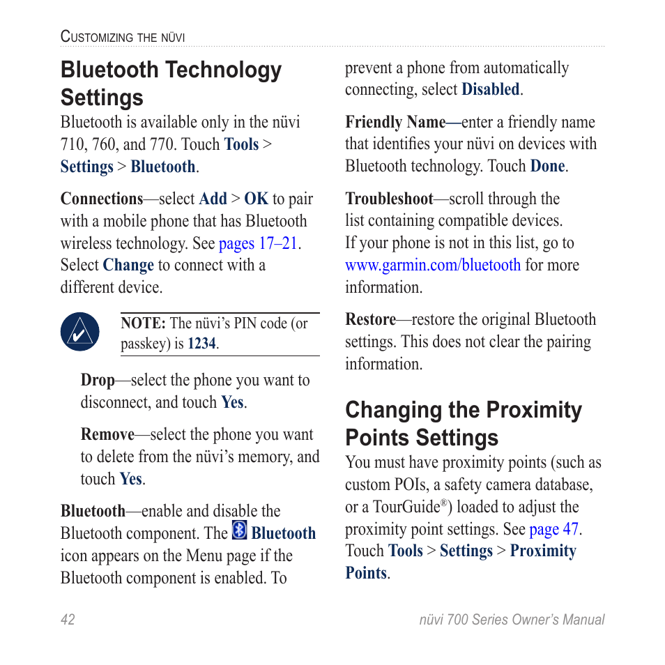 Bluetooth technology settings, Changing the proximity points settings, Changing the proximity points | Settings | Garmin nuvi 780 User Manual | Page 48 / 66