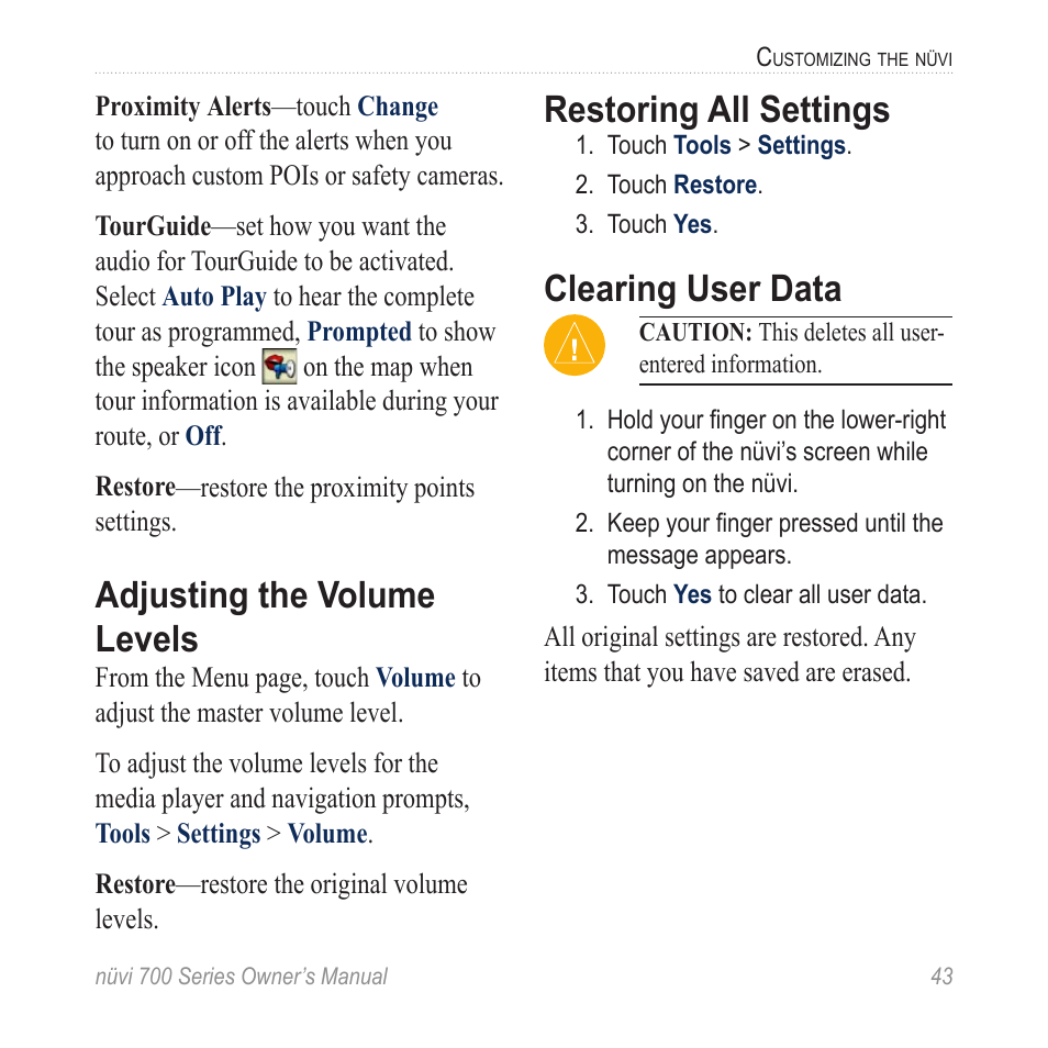 Adjusting the volume levels, Restoring all settings, Clearing user data | Garmin nuvi 780 User Manual | Page 49 / 66