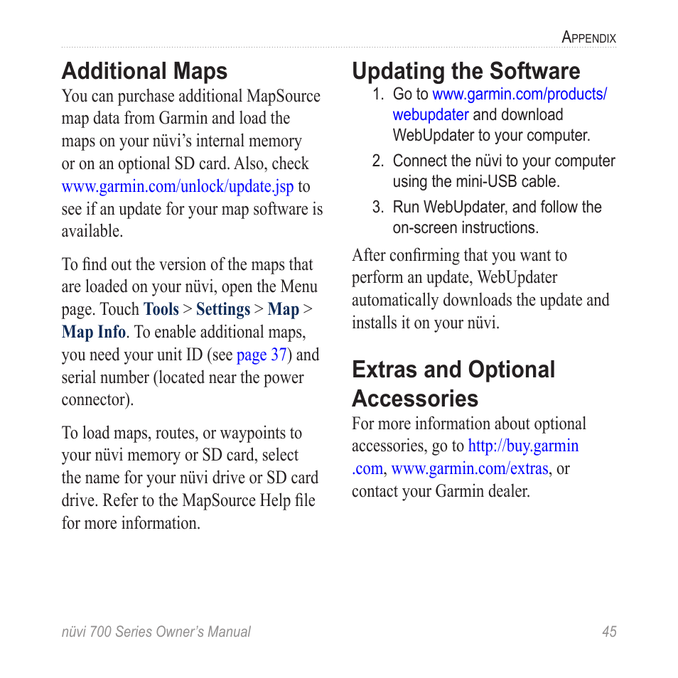 Additional maps, Updating the software, Extras and optional accessories | Garmin nuvi 780 User Manual | Page 51 / 66