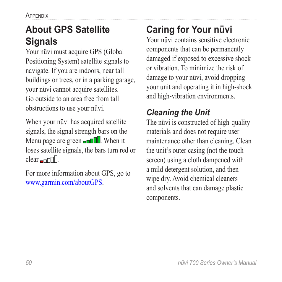 About gps satellite signals, Caring for your nüvi | Garmin nuvi 780 User Manual | Page 56 / 66