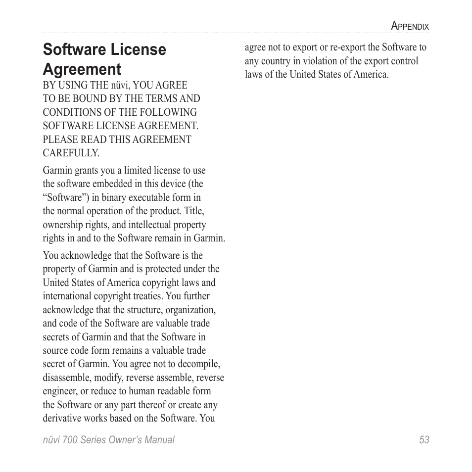Software license agreement | Garmin nuvi 780 User Manual | Page 59 / 66