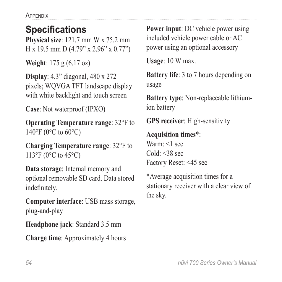 Specifications | Garmin nuvi 780 User Manual | Page 60 / 66