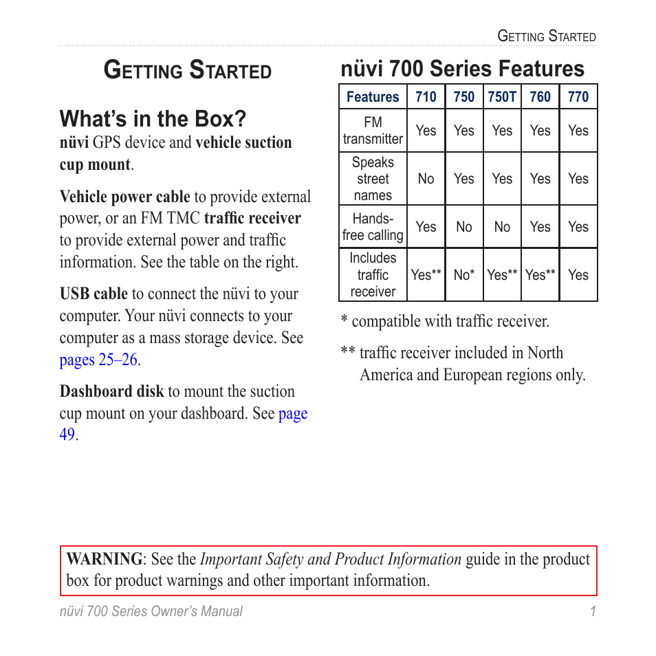 Getting started, What’s in the box, Nüvi 700 series features | Garmin nuvi 780 User Manual | Page 7 / 66