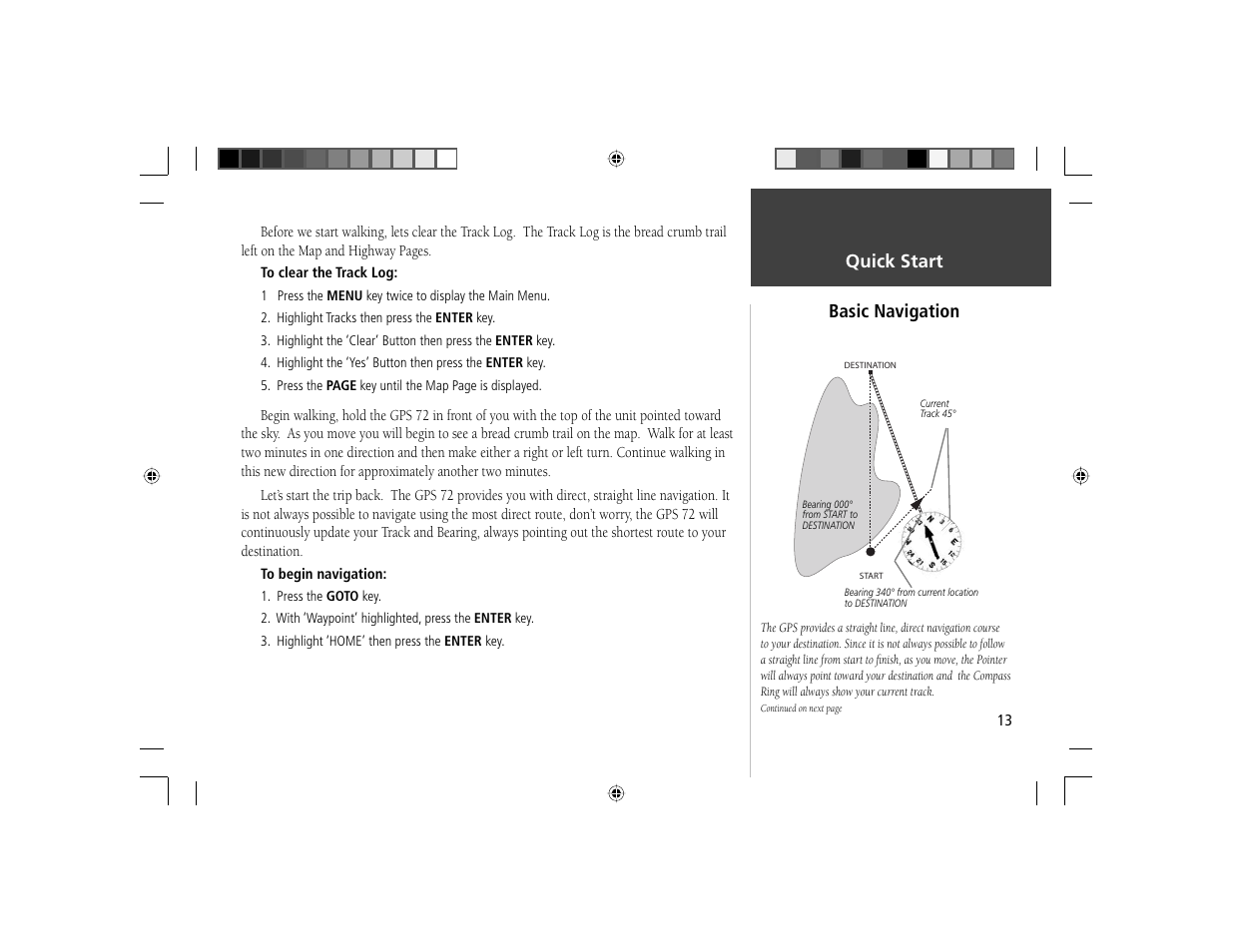 Quick start, Basic navigation | Garmin GPS 72 User Manual | Page 14 / 16