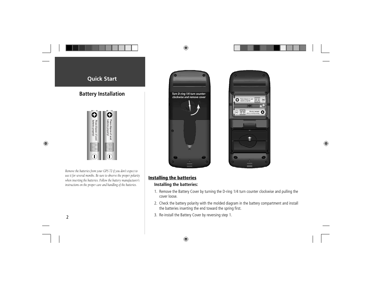 Quick start, Battery installation, Installing the batteries | Garmin GPS 72 User Manual | Page 3 / 16