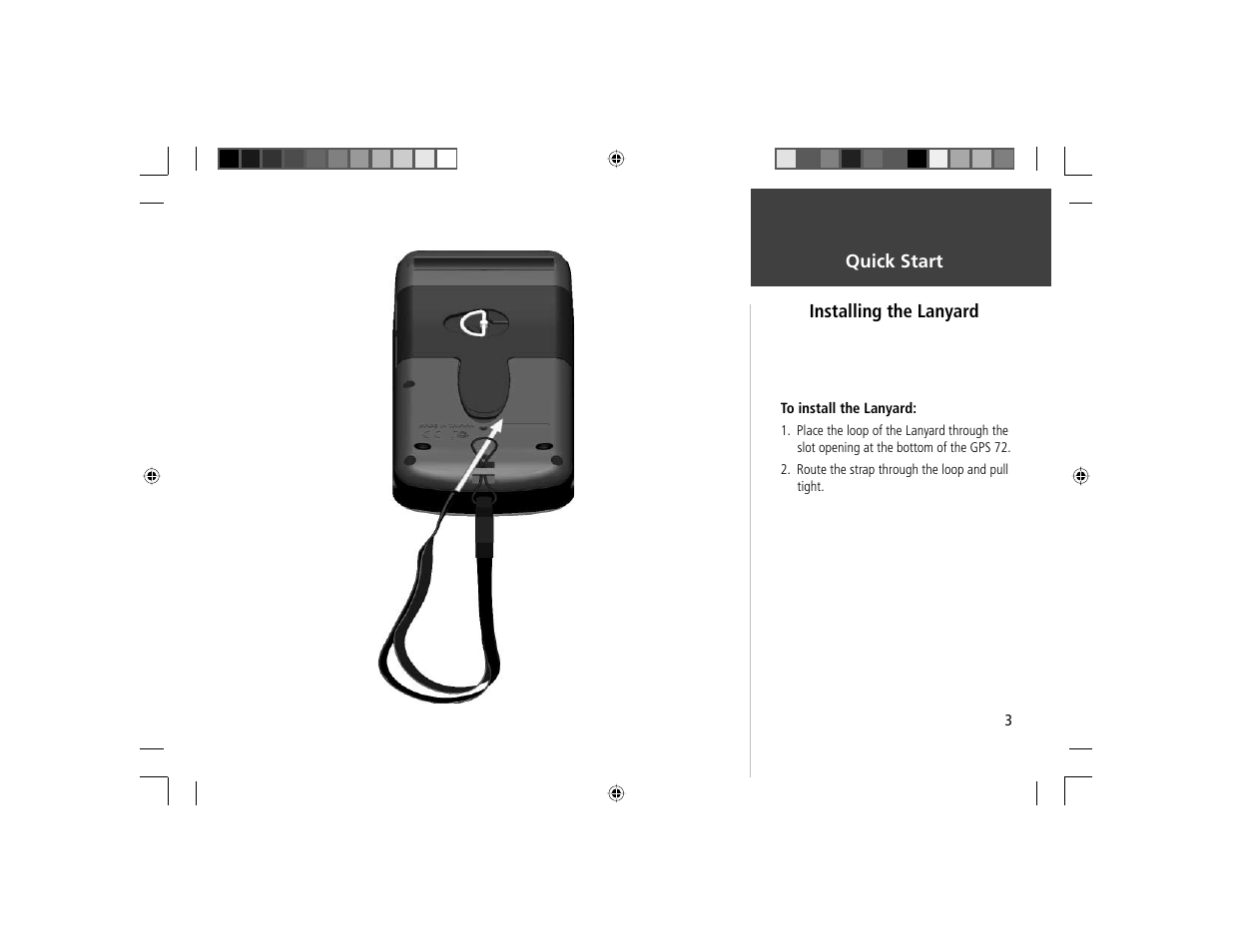 Quick start, Installing the lanyard | Garmin GPS 72 User Manual | Page 4 / 16