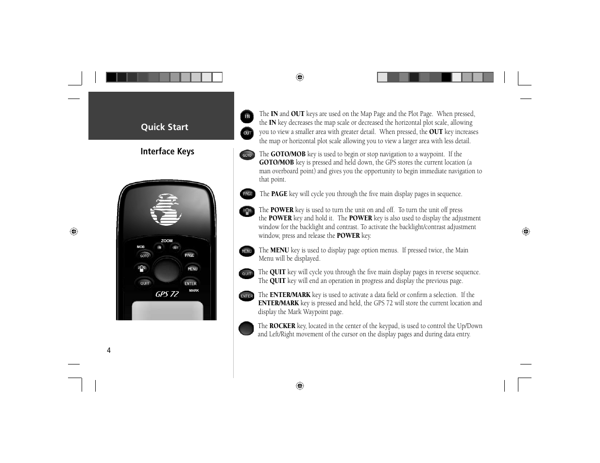 Quick start, Interface keys | Garmin GPS 72 User Manual | Page 5 / 16