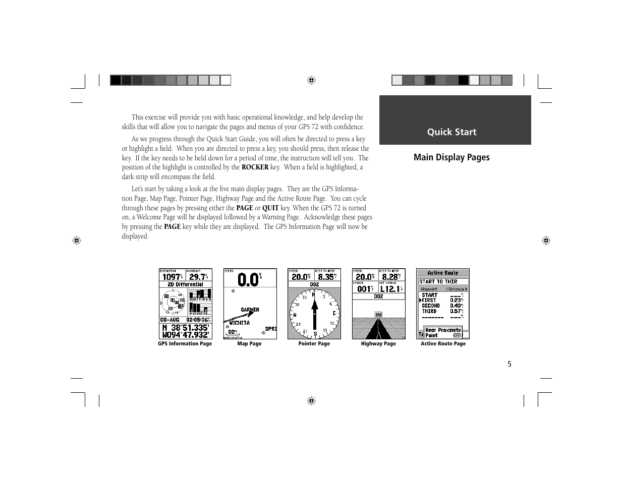 Quick start, Main display pages | Garmin GPS 72 User Manual | Page 6 / 16