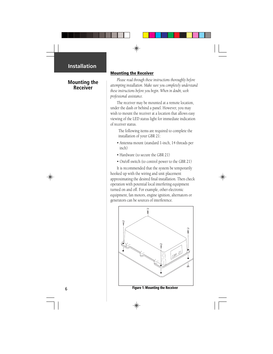 Installation mounting the receiver | Garmin GBR 21 User Manual | Page 8 / 24