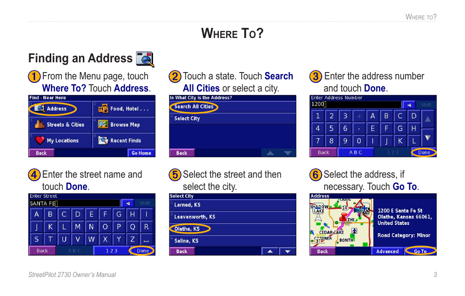 Where to, Finding an address | Garmin StreetPilot 2730 User Manual | Page 11 / 68