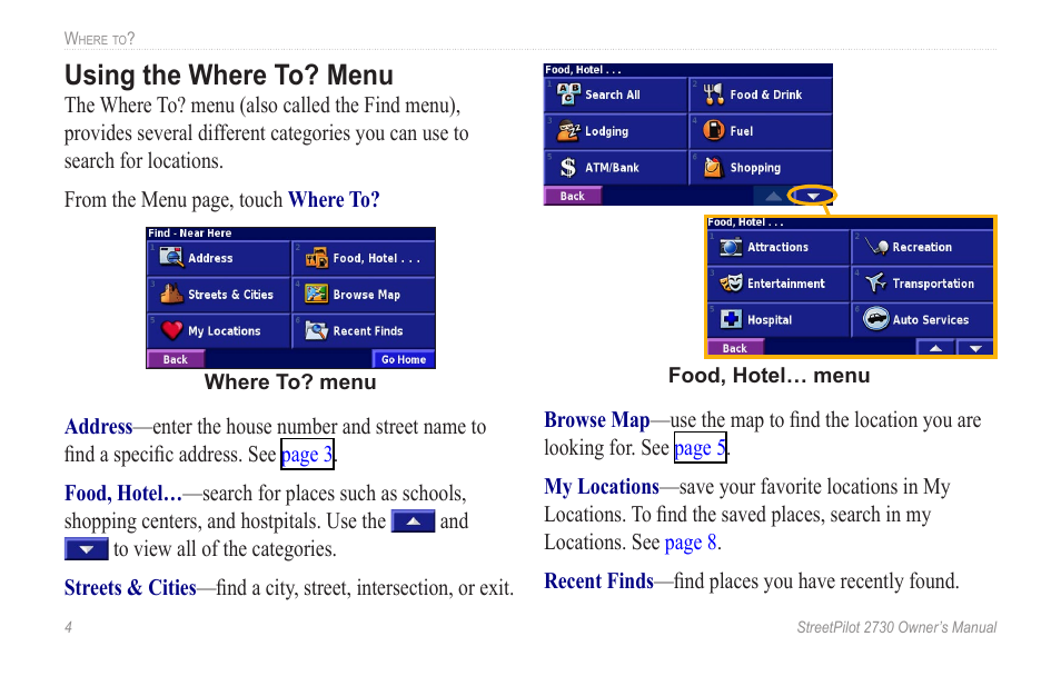 Using the where to? menu | Garmin StreetPilot 2730 User Manual | Page 12 / 68