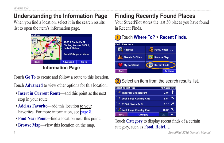 Finding recently found places, Understanding the information page | Garmin StreetPilot 2730 User Manual | Page 14 / 68