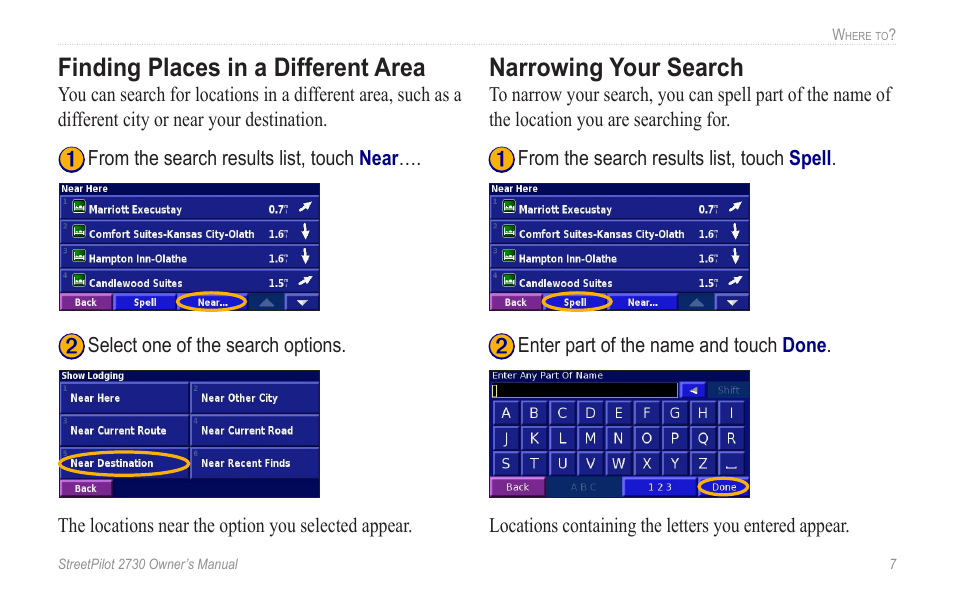 Finding places in a different area, Narrowing your search | Garmin StreetPilot 2730 User Manual | Page 15 / 68