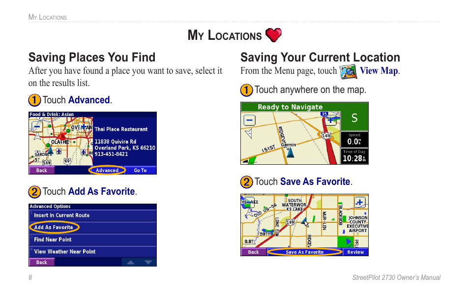 My locations, Saving places you find, Saving your current location | Garmin StreetPilot 2730 User Manual | Page 16 / 68