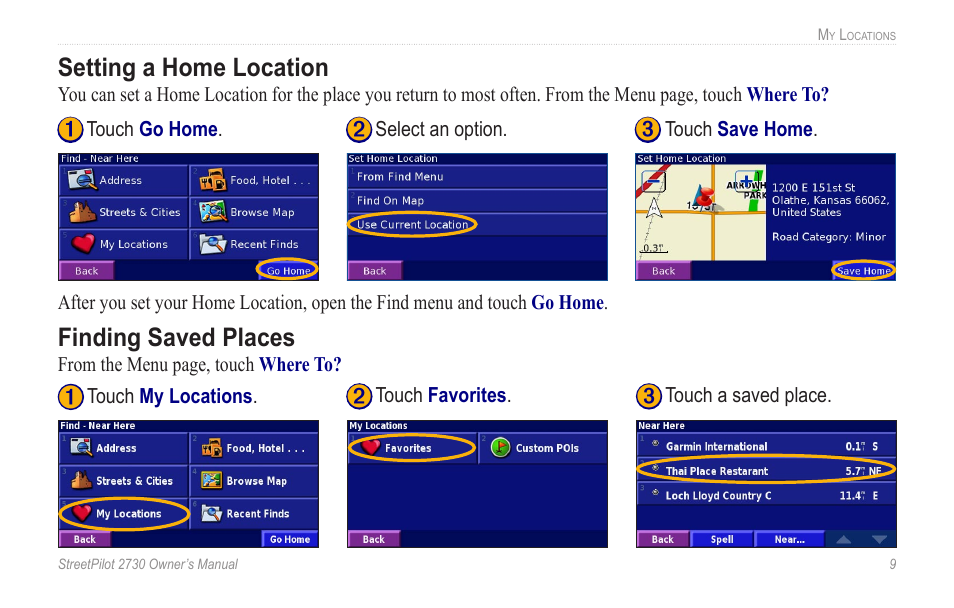 Setting a home location, Finding saved places, Setting a home location finding saved places | Garmin StreetPilot 2730 User Manual | Page 17 / 68