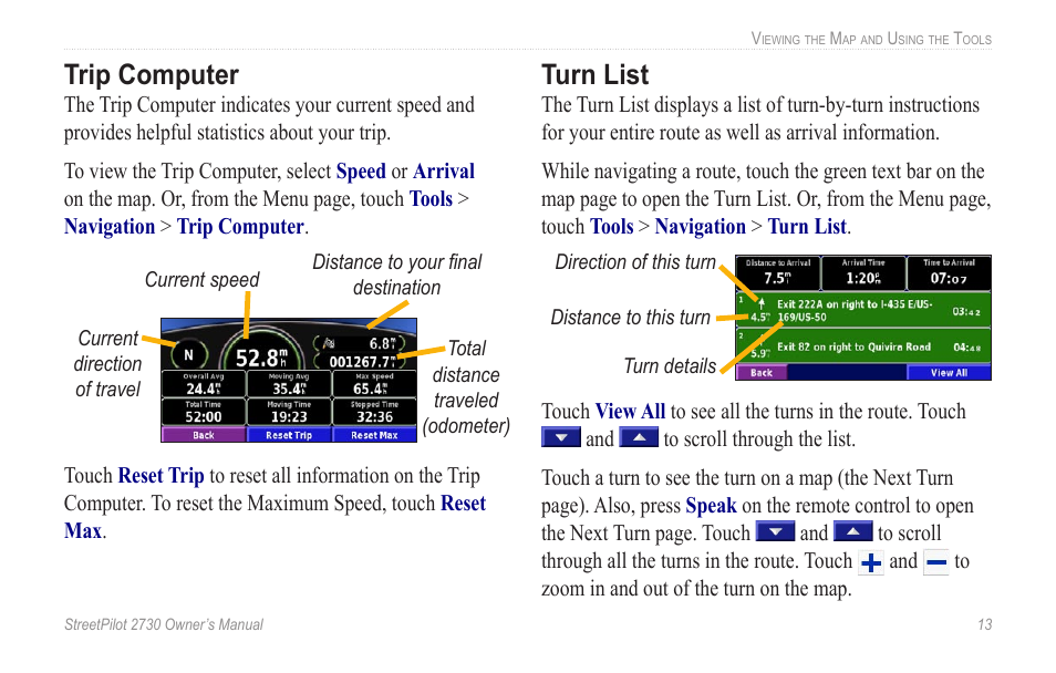 Trip computer, Turn list, Trip computer turn list | Garmin StreetPilot 2730 User Manual | Page 21 / 68