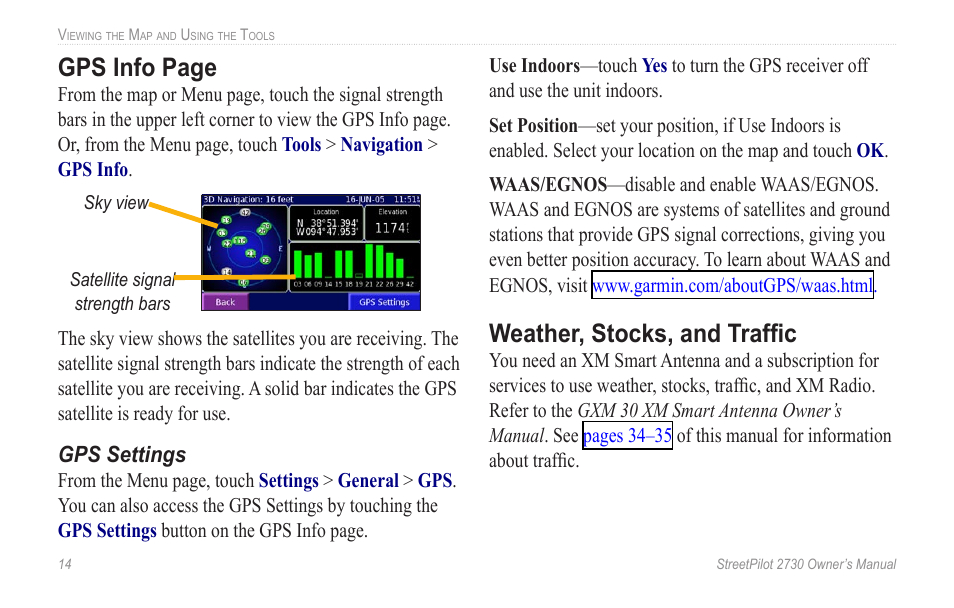 Weather, stocks, and traffic, Gps info page, Weather, stocks, and trafﬁc | Garmin StreetPilot 2730 User Manual | Page 22 / 68