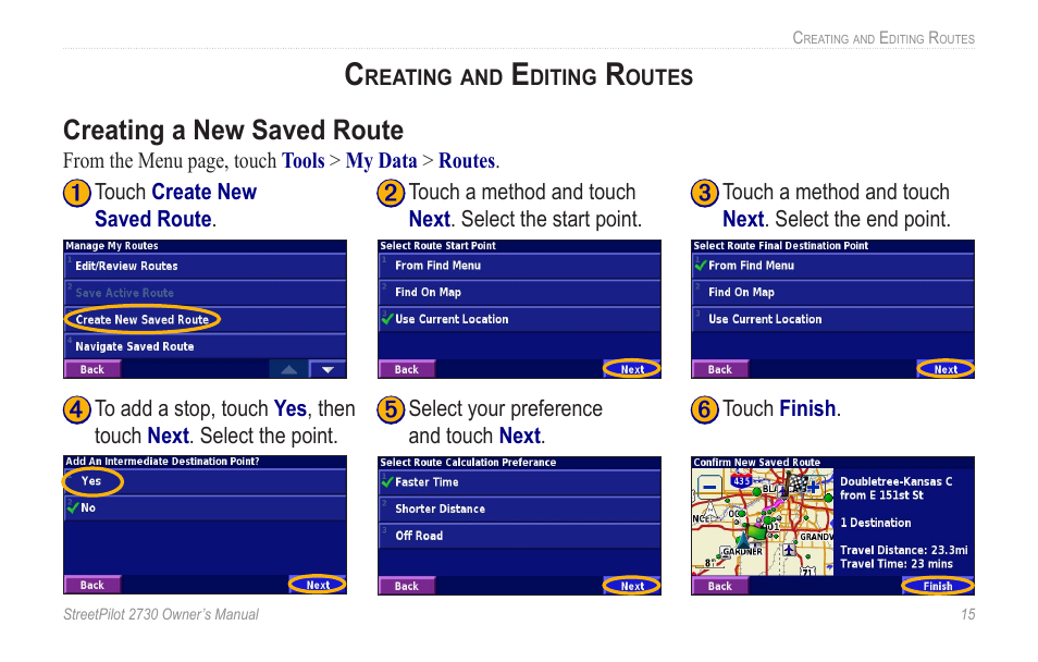 Creating and editing routes, Creating a new saved route | Garmin StreetPilot 2730 User Manual | Page 23 / 68