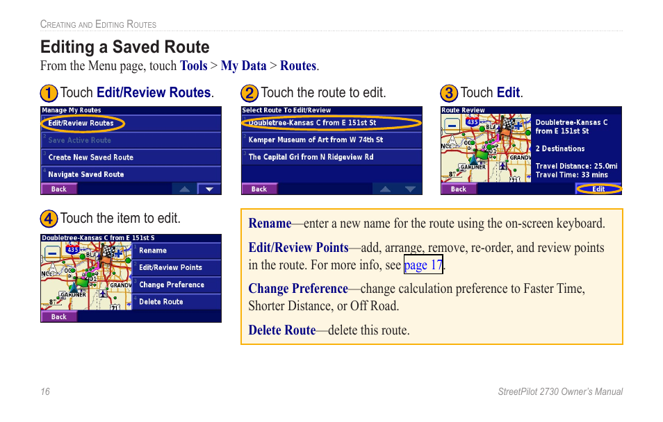 Editing a saved route | Garmin StreetPilot 2730 User Manual | Page 24 / 68