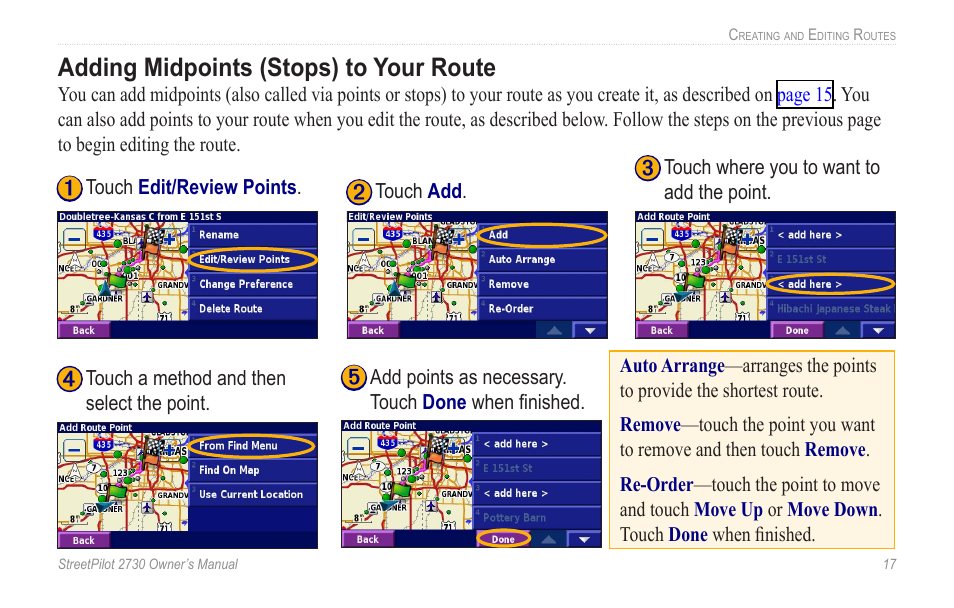 Adding midpoints (stops) to your route, Adding midpoints (stops) to your, Route | Garmin StreetPilot 2730 User Manual | Page 25 / 68