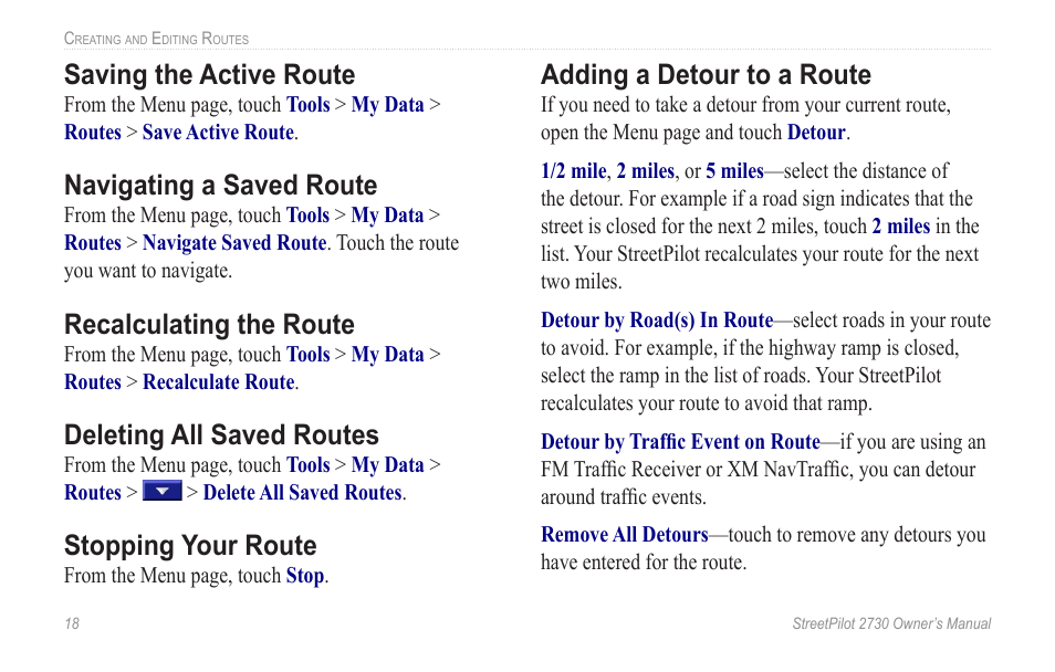 Saving the active route, Navigating a saved route, Recalculating the route | Deleting all saved routes, Stopping your route, Adding a detour to a route | Garmin StreetPilot 2730 User Manual | Page 26 / 68