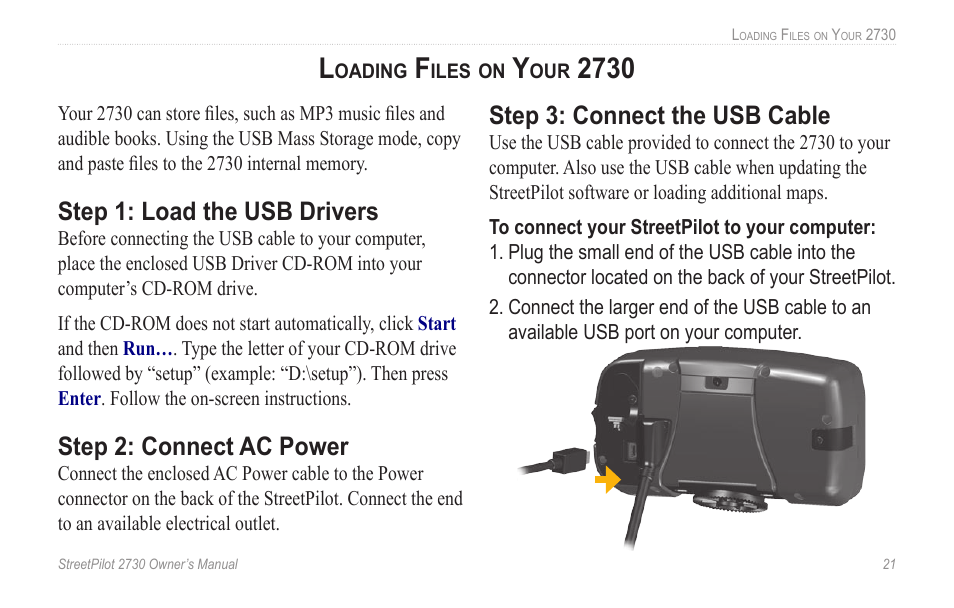 Loading files on your 2730, Step 1: load the usb drivers, Step 2: connect ac power | Step 3: connect the usb cable | Garmin StreetPilot 2730 User Manual | Page 29 / 68