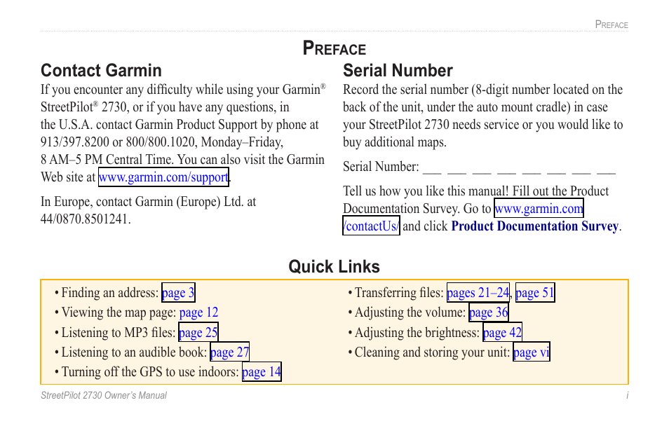 Preface, Contact garmin, Serial number | Quick links | Garmin StreetPilot 2730 User Manual | Page 3 / 68