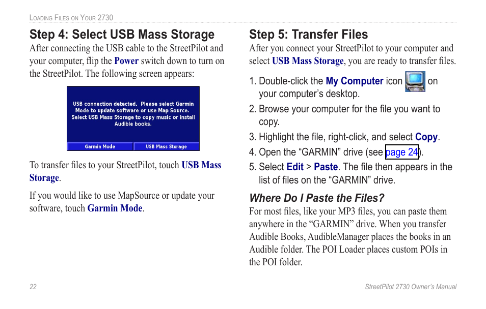 Step 4: select usb mass storage, Step 5: transfer files | Garmin StreetPilot 2730 User Manual | Page 30 / 68