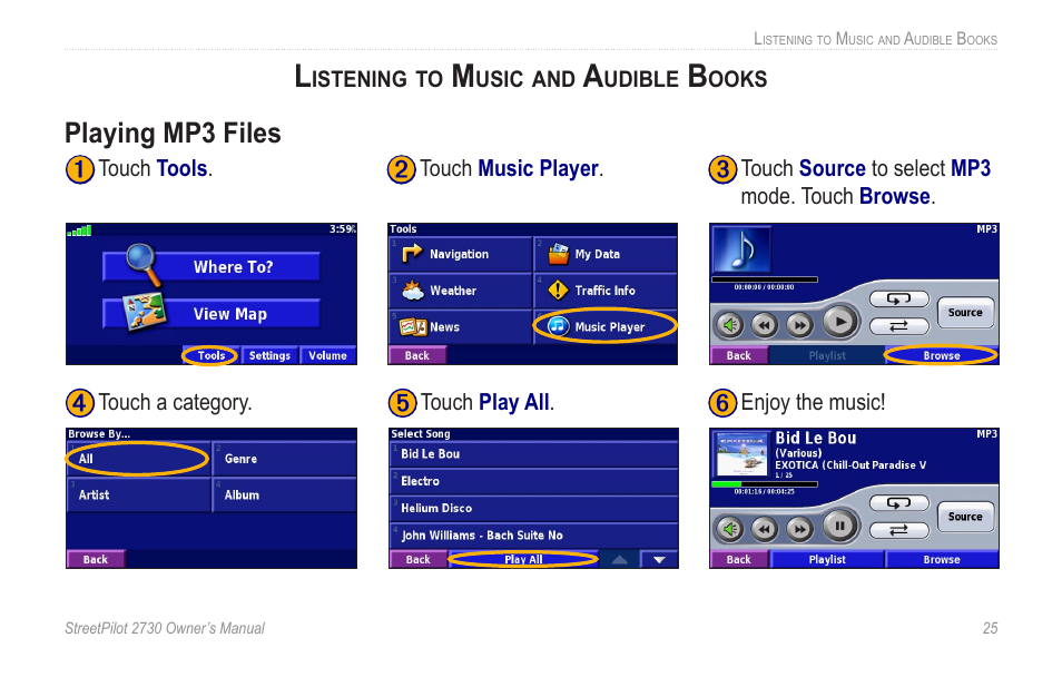 Listening to music and audible books, Playing mp3 files, Listening to mp3 ﬁles | Listening to music and audible, Books | Garmin StreetPilot 2730 User Manual | Page 33 / 68